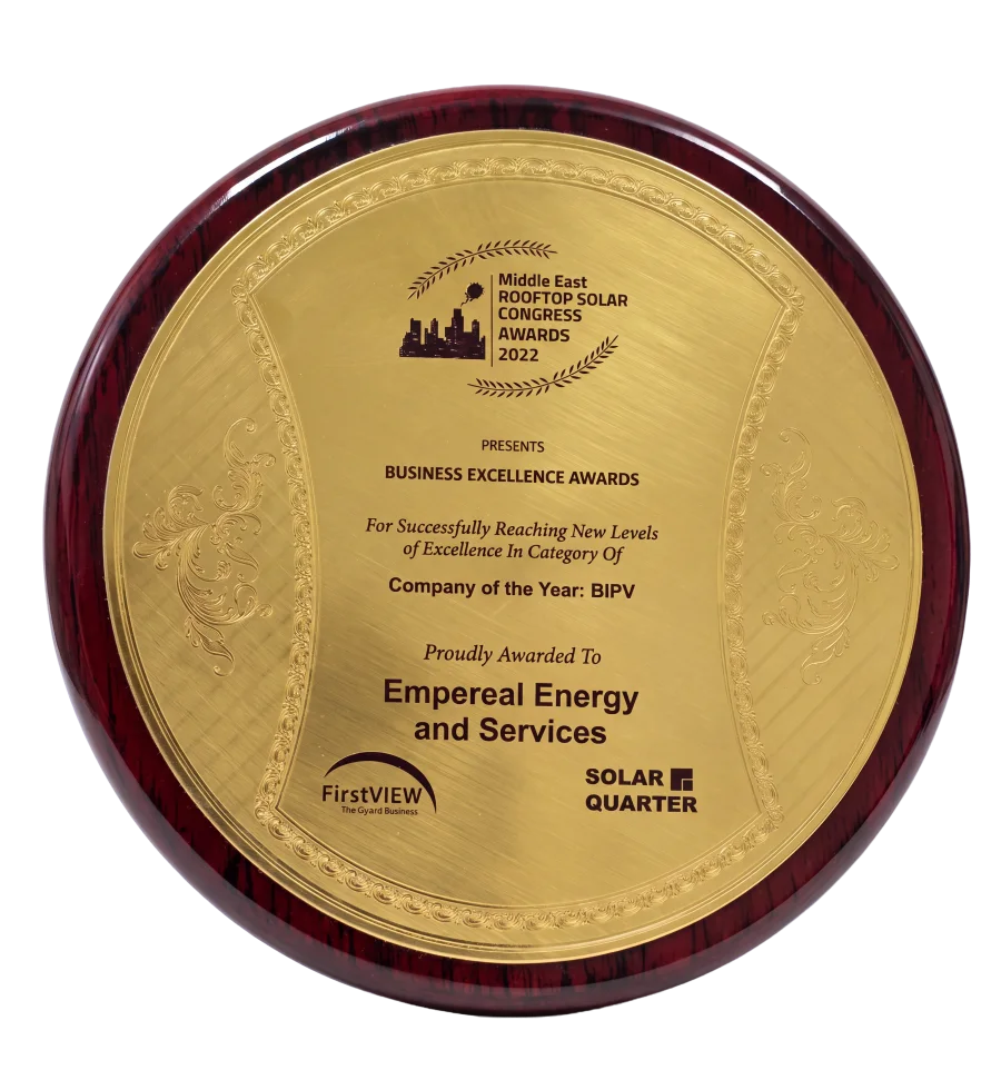 Middle East Rooftop Solar Congress Awards 2022 Company of the Year BIPV plaque